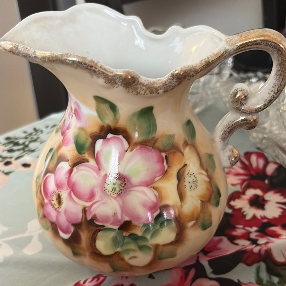 Floral Ceramic Pitcher with Pink and Green Accents